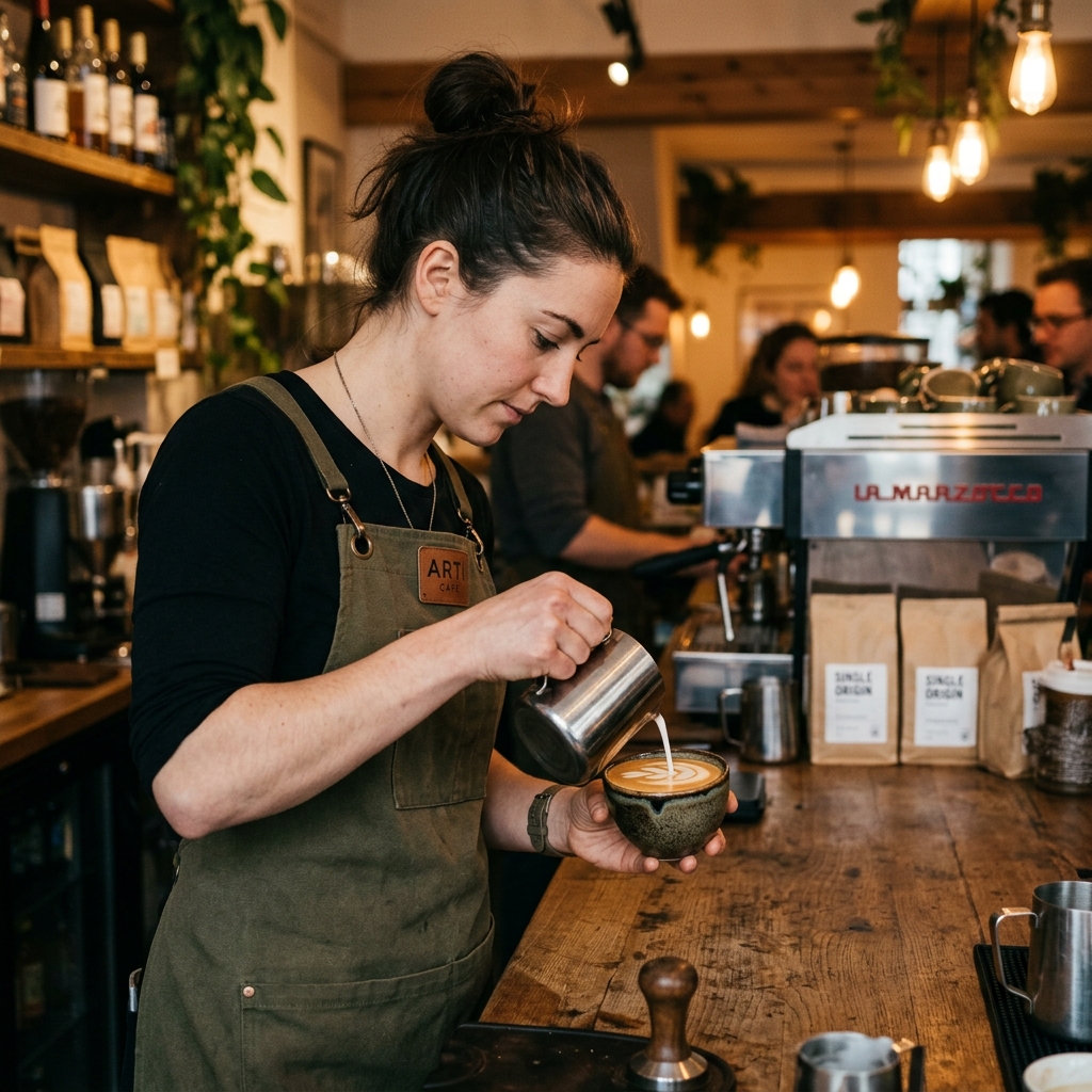 Barista carefully pouring steamed milk into espresso, crafting latte art at the counter