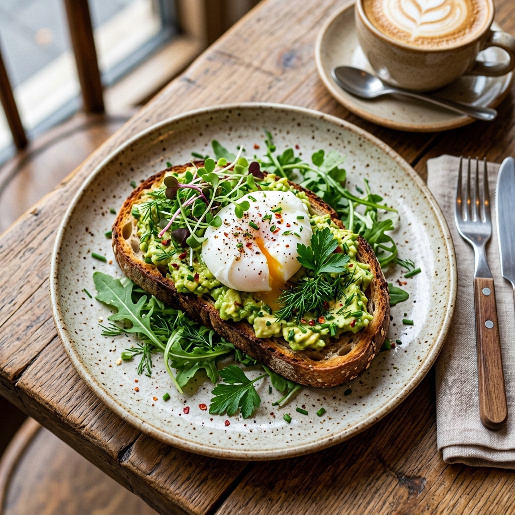 Premium avocado toast with poached egg and microgreens
