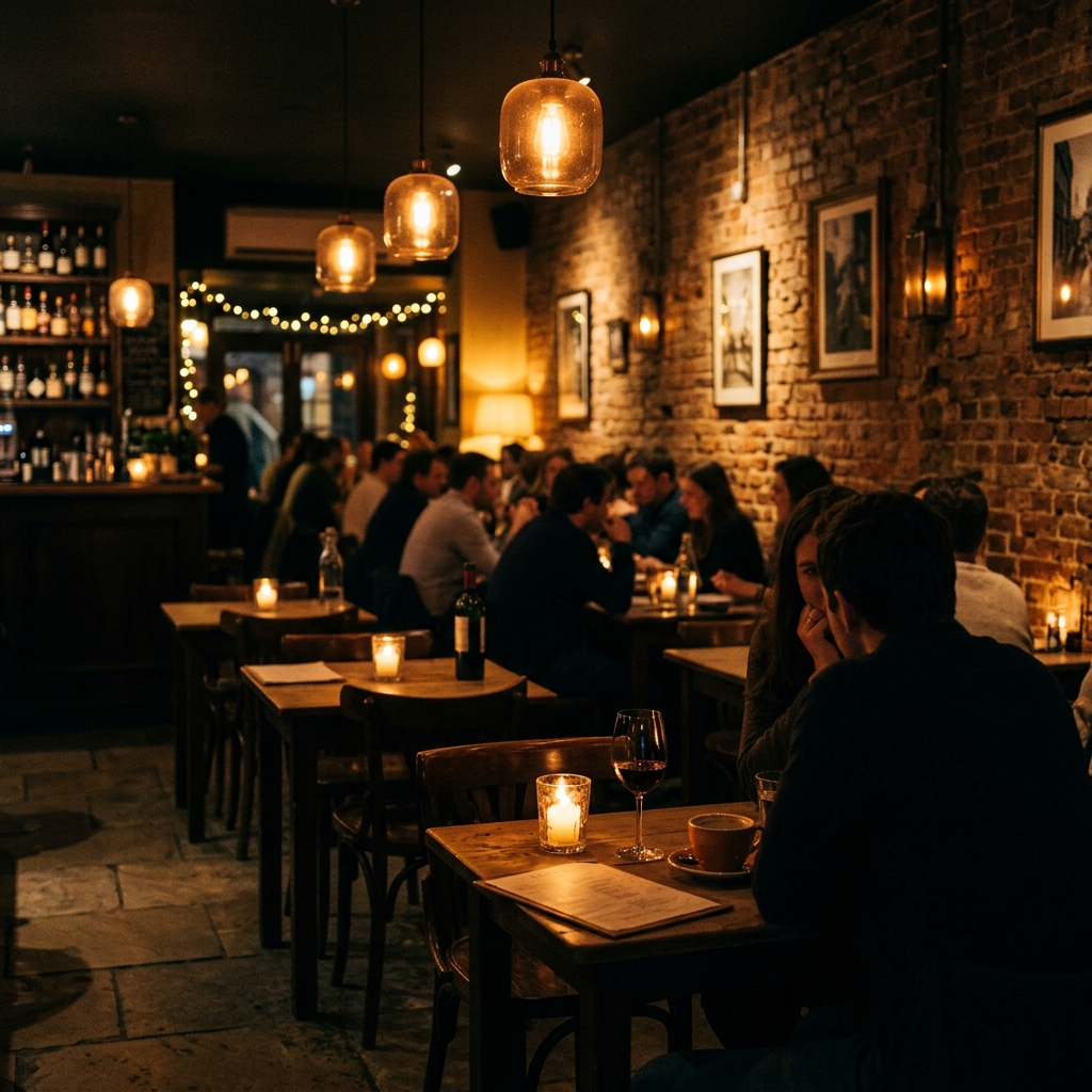 Warm evening ambience with pendant lights and candlelit tables