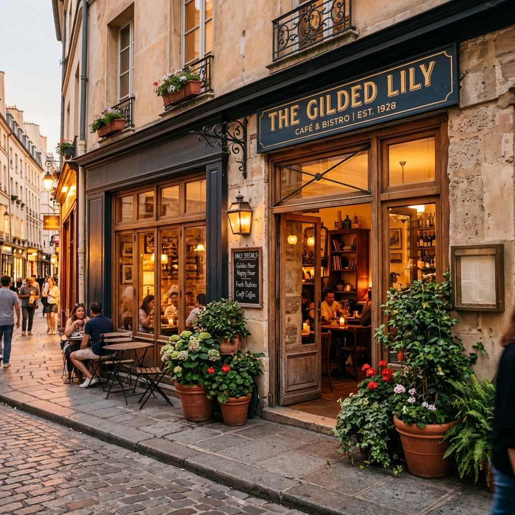 Charming café exterior with glass windows and potted plants