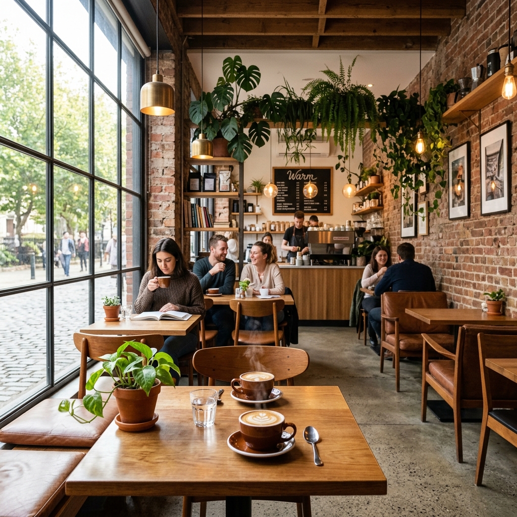 Warm café interior with morning sunlight streaming through windows, wooden tables, and steaming coffee