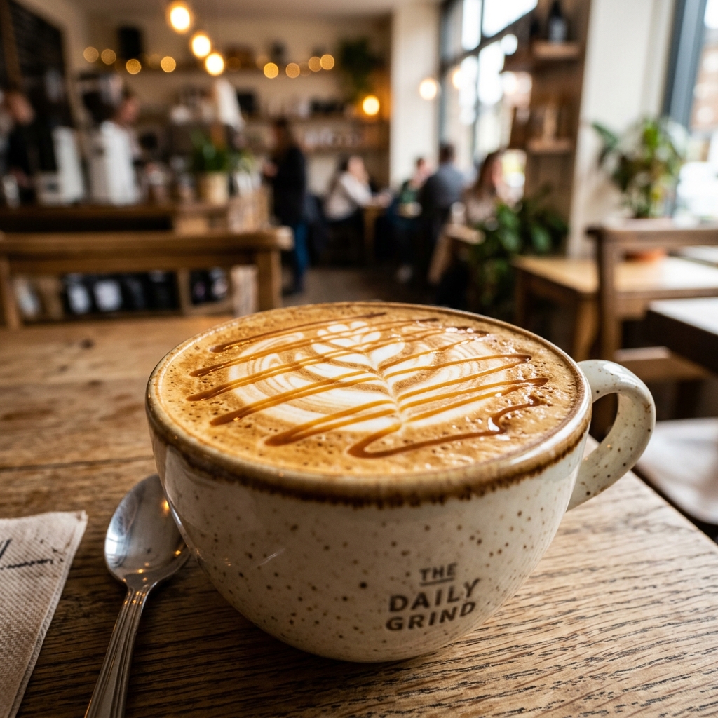 Signature Caramel Latte with beautiful latte art, served in a ceramic cup on a wooden surface